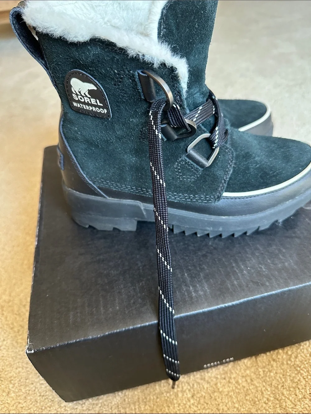Sorel Black Waterproof Suede Winter Boot with White Faux Fur Collar